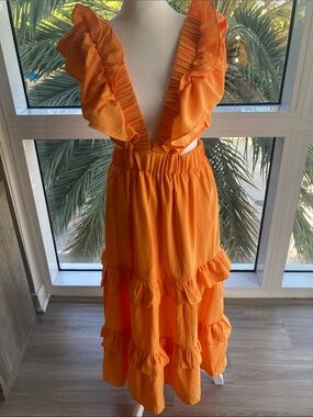 Women's Ruffle V-Neck Midi Dress in Bright Orange, size small